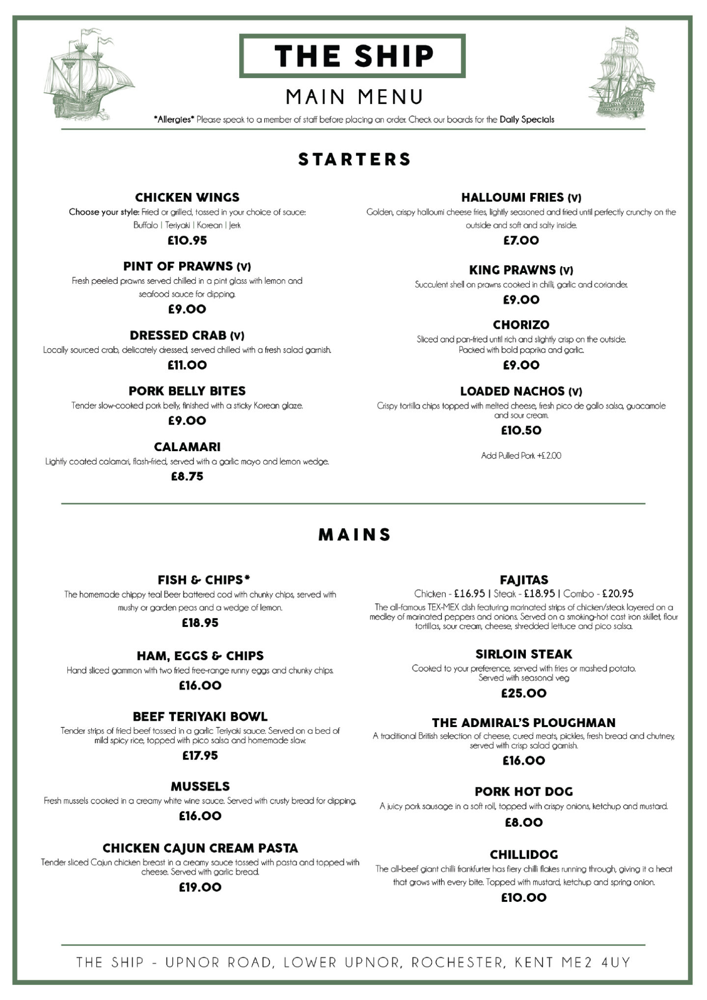 Ship Food Menu Menus - The Ship Lower Upnor